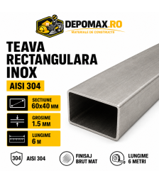 Teava rectangulara inox AISI 304, 60 x 40 x 1.5 mm, 6 metri